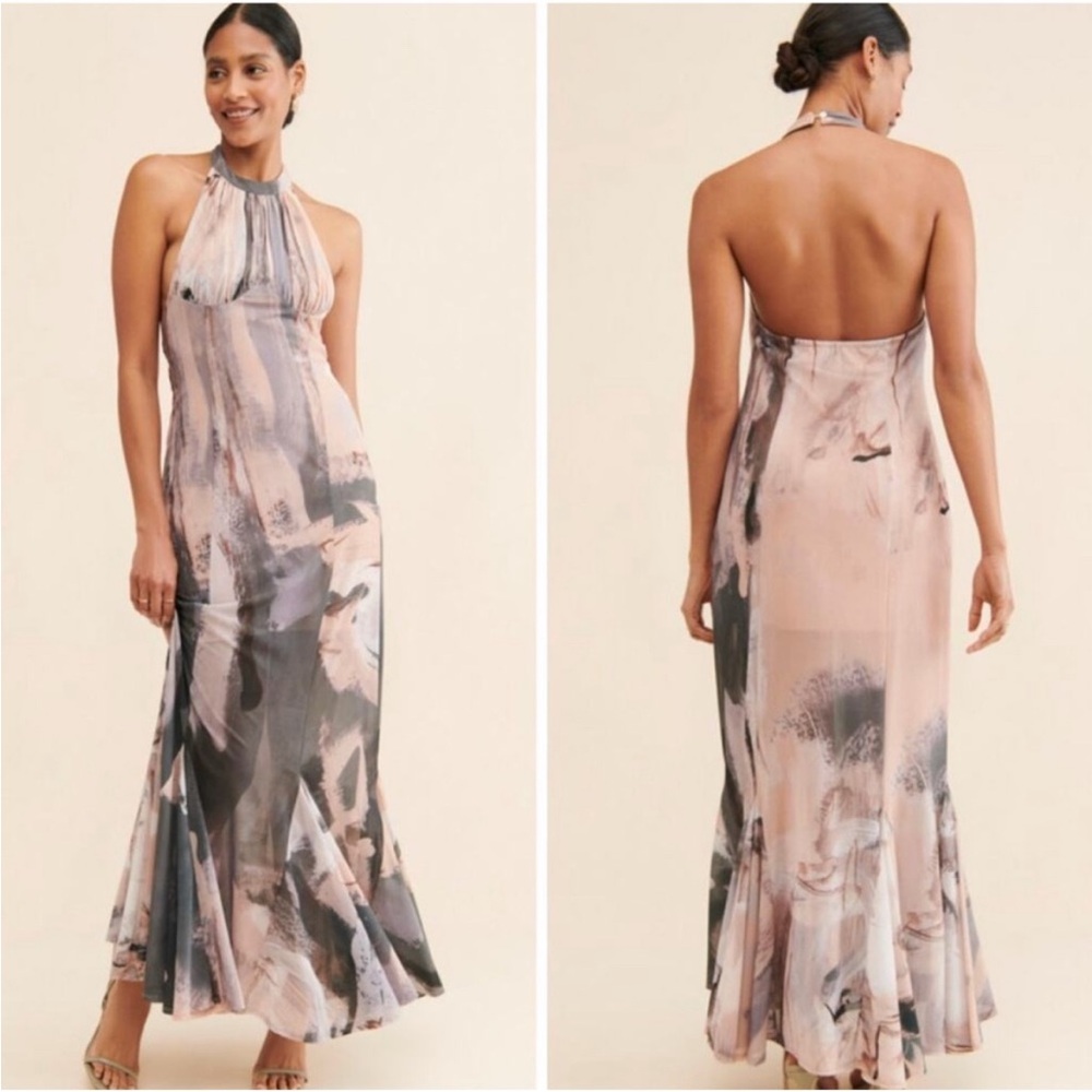 Anthropologie Let Me Be Elegant Halter Dress in Tan and Gray